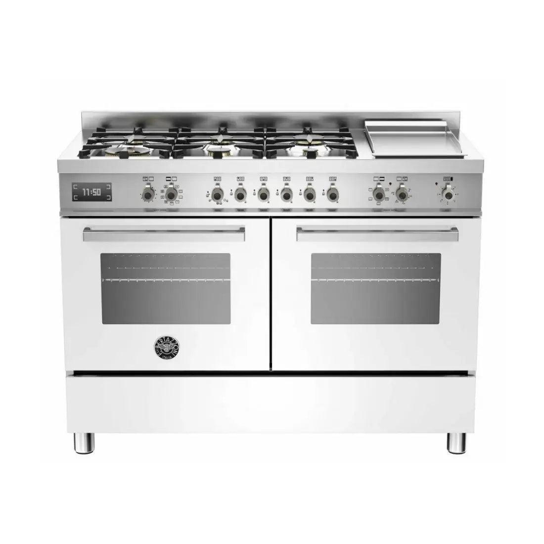 Fogão Bertazzoni Professional 6 Bocas Branco 120cm com forno elétrico duplo e queimadores de gás.